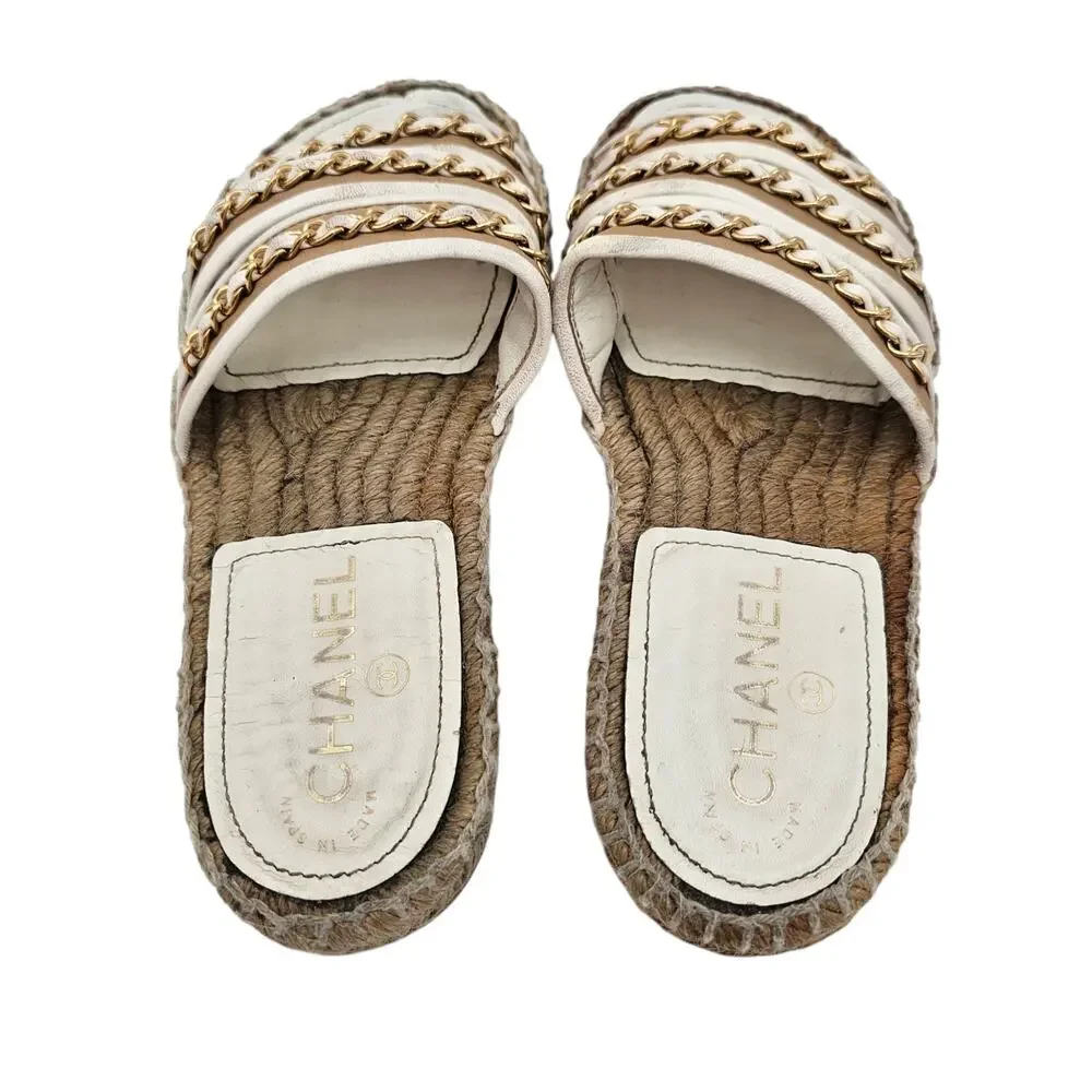Chanel Chain Espadrille Flat Slide Sandal Beige White Leather Size 36 C US 5 5.5